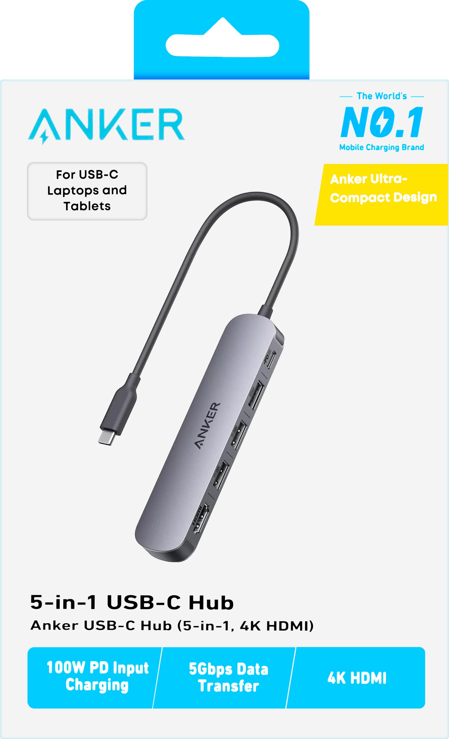 Hub USB-C Anker, 2 x USB-A - 1 x USB-A 3.0 - 1 x USB-C - 1 x HDMI, Gri A8357HA0
