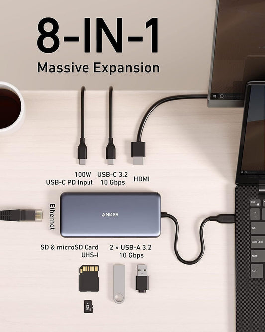 Hub USB-C Anker 555, 2 x USB-A 3.2 - 2 x USB-C - 1 x HDMI - 1 x RJ45 - 1 x SD - 1 x microSD, Gri A83830A2
