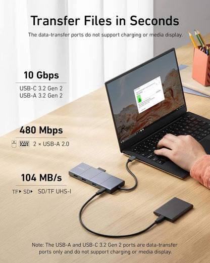Hub USB-C Anker PowerExpand, 1 x USB-A 3.2 - 2 x USB-A - 2 x USB-C - 1 x Display Port - 1 x HDMI - 1 x Jack 3.5mm - 1 x RJ45 - 1 x SD - 1 x microSD, Gri