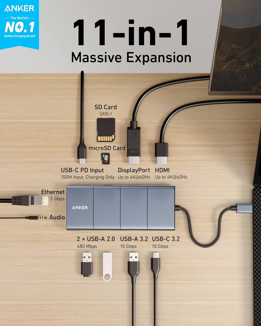 Hub USB-C Anker PowerExpand, 1 x USB-A 3.2 - 2 x USB-A - 2 x USB-C - 1 x Display Port - 1 x HDMI - 1 x Jack 3.5mm - 1 x RJ45 - 1 x SD - 1 x microSD, Gri