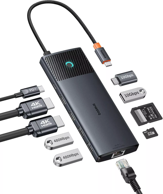 Hub USB-C Baseus Dual Display, 1 x USB-A 3.0 - 2 x USB-A - 2 x USB-C - 2 x HDMI - 1 x RJ45 - 1 x SD - 1 x microSD, Negru B00061800123-01