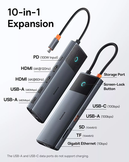 Hub USB-C Baseus Dual Display, 1 x USB-A 3.0 - 2 x USB-A - 2 x USB-C - 2 x HDMI - 1 x RJ45 - 1 x SD - 1 x microSD, Negru B00061800123-01