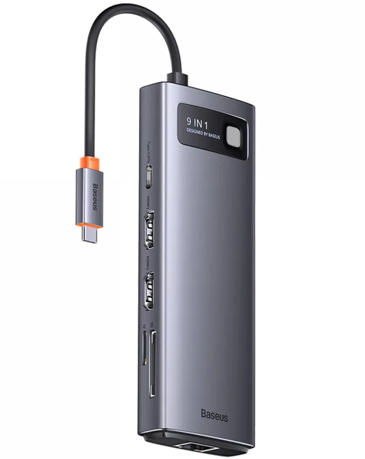 Hub USB-C Baseus Joystar, 2 x USB-A 3.2 - 1 x USB-A - 1 x USB-C - 2 x HDMI - 1 x RJ45 - 1 x SD - 1 x microSD, Gri WKWG060013