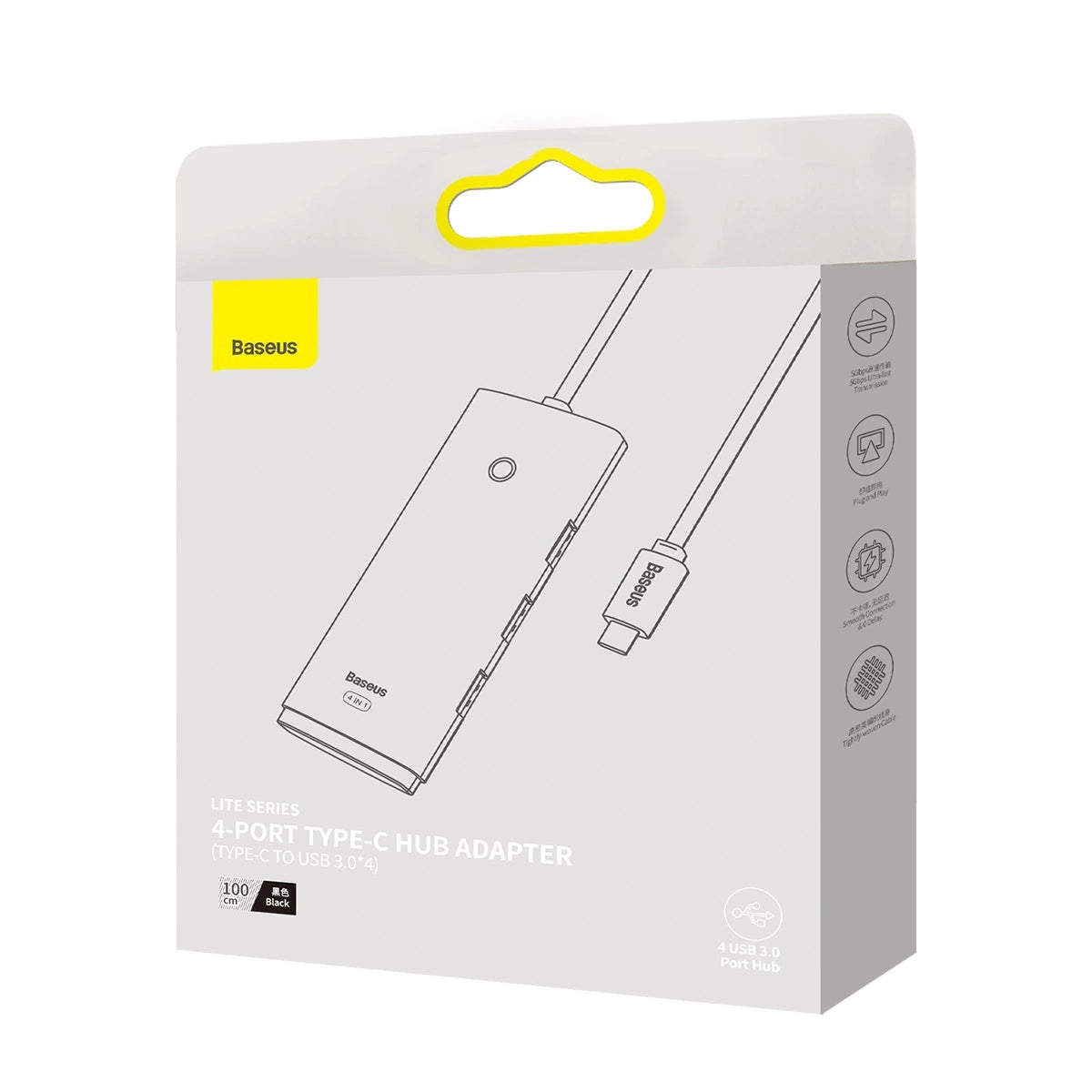 Koncentrator Baseus Lite USB-C, 4 x USB-A 3.0 - 1 x USB-C, 1 m, czarny WKQXX030401 