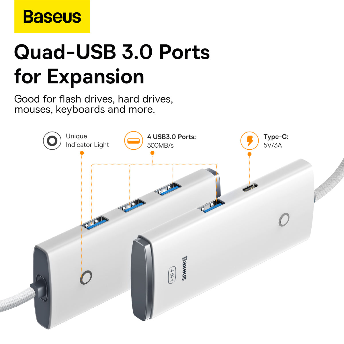 Hub USB-C Baseus Lite, 4 x USB-A 3.2, 2m, Alb