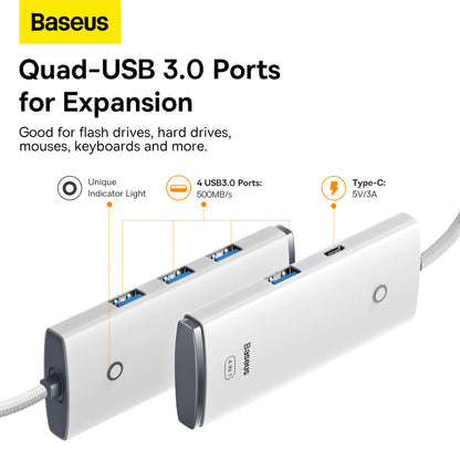 Hub USB-C Baseus Lite, 4 x USB-A 3.2, 2m, Alb