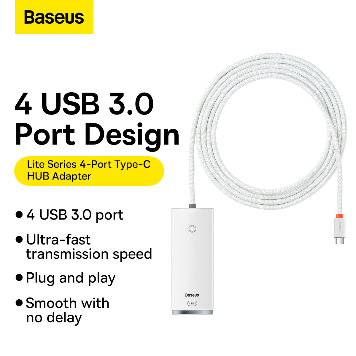 Hub USB-C Baseus Lite, 4 x USB-A 3.2, 2m, Alb