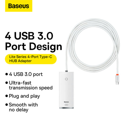 Hub USB-C Baseus Lite, 4 x USB-A 3.2, 2m, Alb