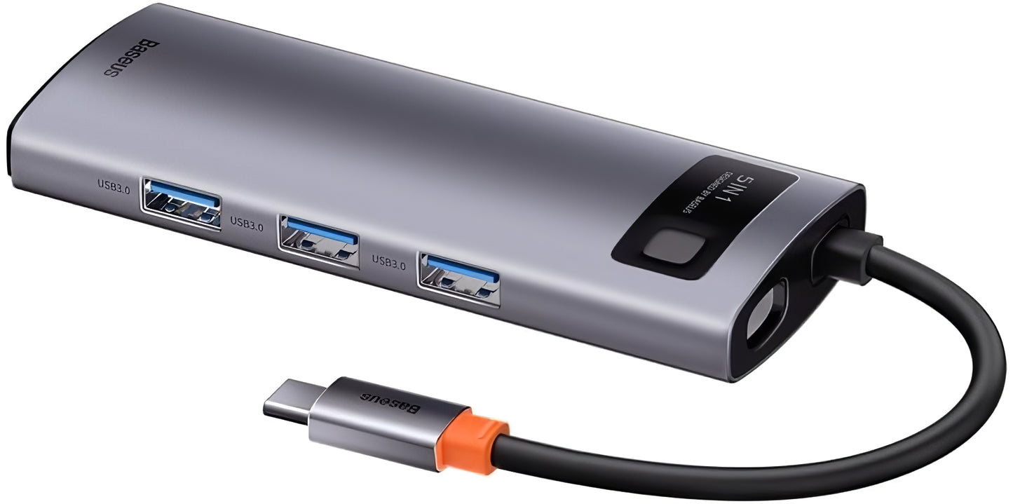 Hub USB-C Baseus Metal Gleam, 3 x USB-A - 1 x USB-C - 1 x HDMI, Gri WKWG020013