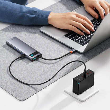 Hub USB-C Baseus Metal Gleam, 1 x USB-C - 3 x USB-A 3.0 - 1 x USB-A - 1 x HDMI - 1 x VGA - 1 x Jack 3.5mm - 1 x RJ45 - 1 x SD - 1 x microSD, Gri