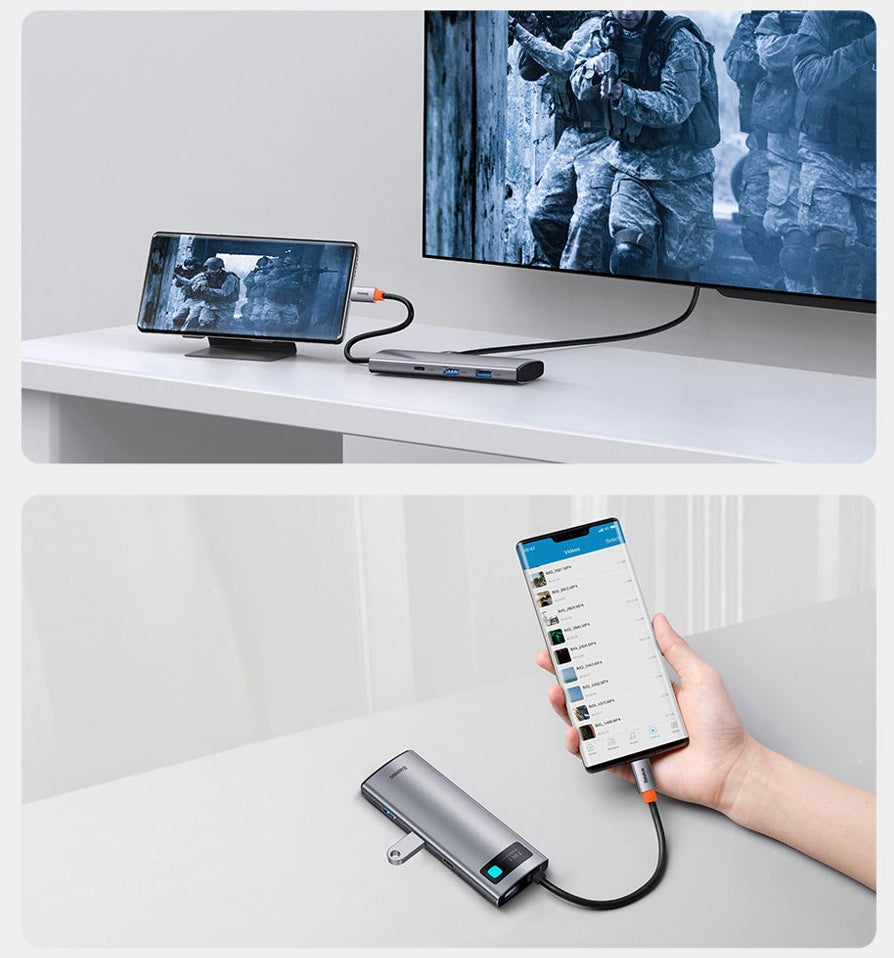 Hub USB-C Baseus Metal Gleam, 2 x USB-A 3.0 - 2 x USB-C - 1 x HDMI - 1 x SD - 1 x microSD, Gri WKWG020113