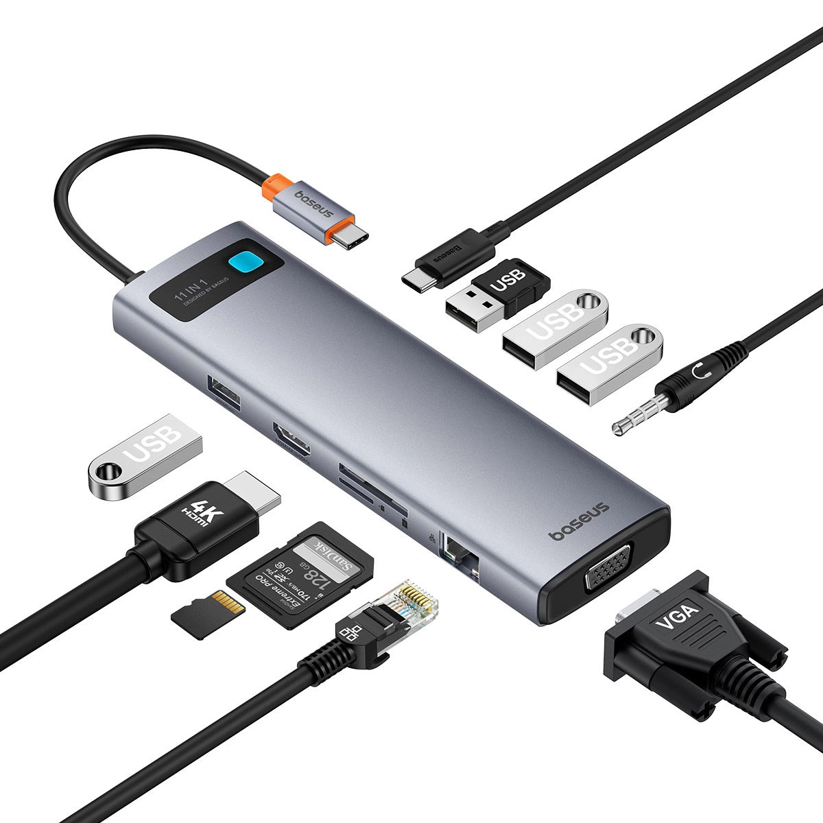 Hub USB-C Baseus Metal Gleam, 1 x USB-C - 3 x USB-A 3.0 - 1 x USB-A - 1 x HDMI - 1 x VGA - 1 x Jack 3.5mm - 1 x RJ45 - 1 x SD - 1 x microSD, Gri