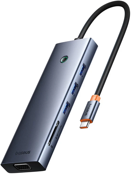 Hub USB-C Baseus UltraJoy, 3 x USB-A 3.0 - 1 x USB-C - 1 x HDMI - 1 x VGA - 1 x Jack 3.5mm - 1 x RJ45 - 1 x SD - 1 x microSD, Gri B0005280C811-00