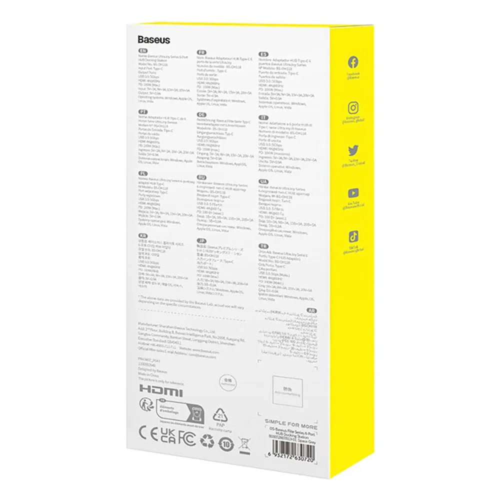 Hub USB-C Baseus UltraJoy, 4 x USB-A 3.0 - 1 x USB-C - 1 x HDMI, Gri B00052807813-01