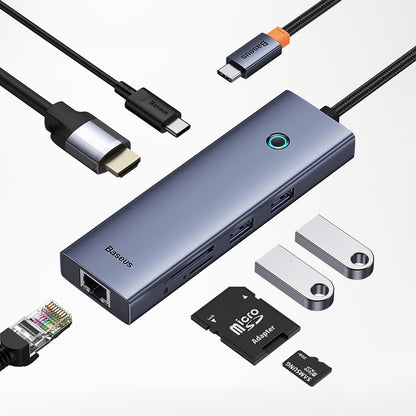 Hub USB-C Baseus UltraJoy, 2 x USB-A 3.0 - 1 x USB-C - 1 x HDMI - 1 x RJ45 - 1 x SD - 1 x microSD, Gri B00052805813-00