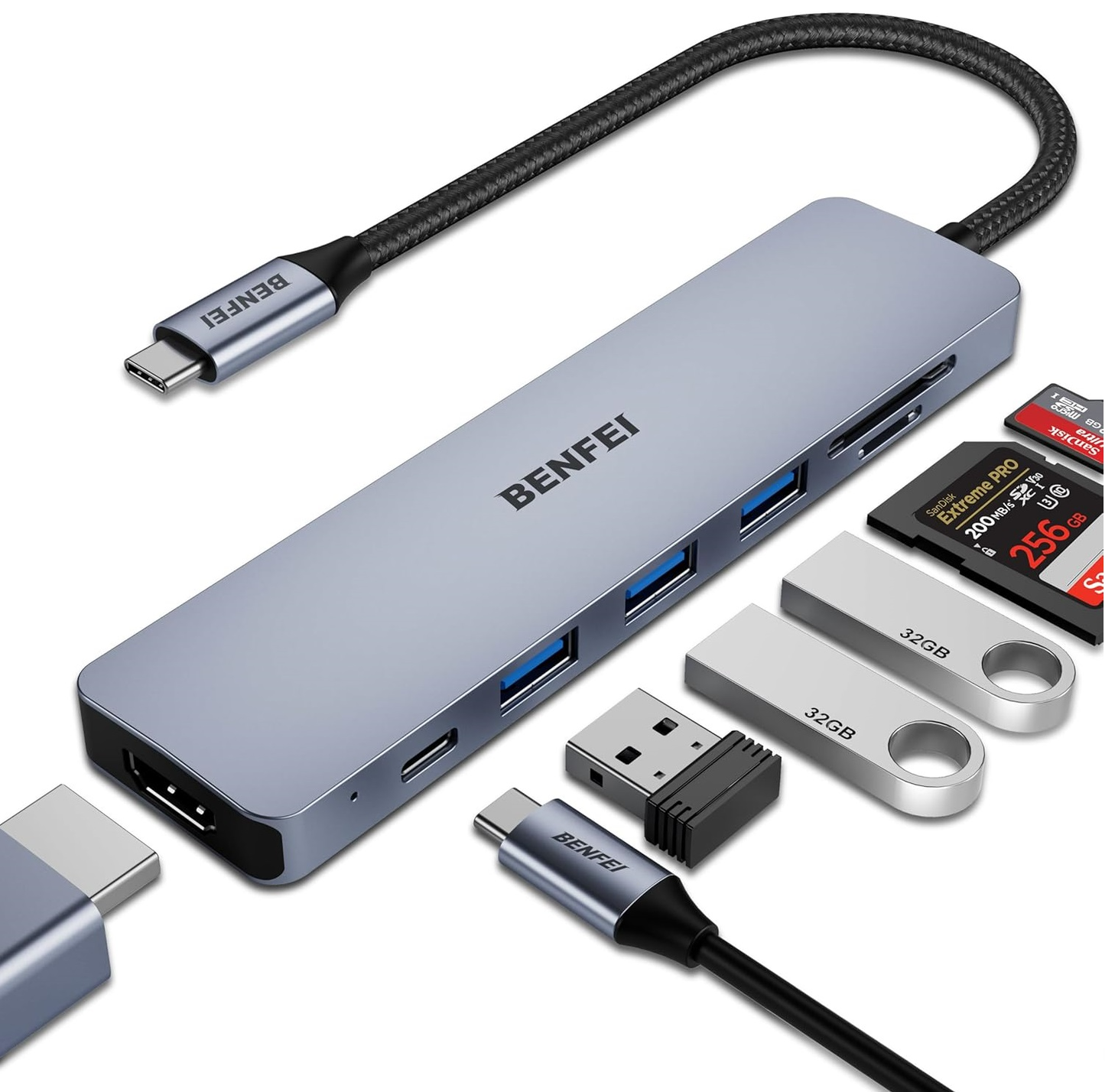 Hub USB-C Benfei, 3 x USB-A 3.0 - 1 x USB-C - 1 x HDMI - 1 x SD - 1 x microSD, Gri