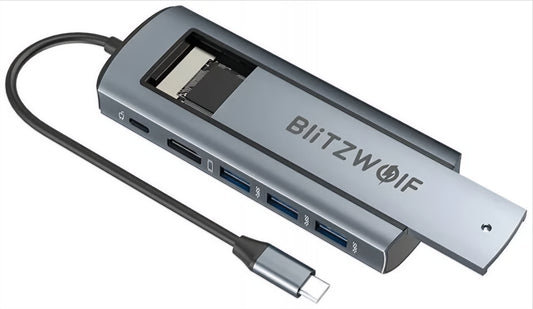 Hub USB-C BlitzWolf BW-Neo TH13, 3 x USB-A 3.0 - 1 x USB-C - 1 x Display Port - 1 x Interfata SSD, Gri