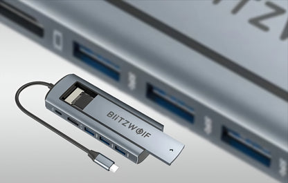 Hub USB-C BlitzWolf BW-Neo TH13, 3 x USB-A 3.0 - 1 x USB-C - 1 x Display Port - 1 x Interfata SSD, Gri
