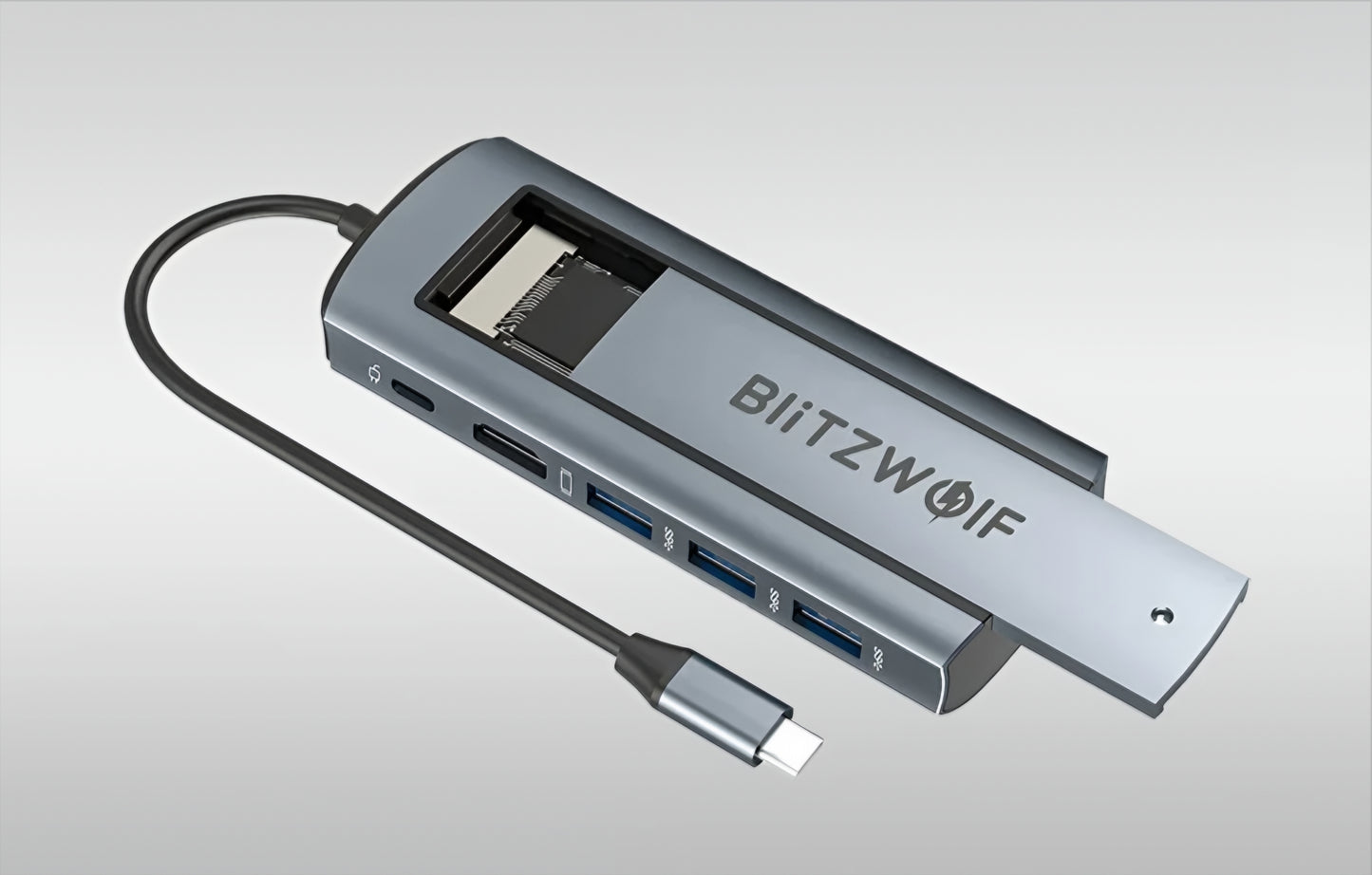 Hub USB-C BlitzWolf BW-Neo TH13, 3 x USB-A 3.0 - 1 x USB-C - 1 x Display Port - 1 x Interfata SSD, Gri