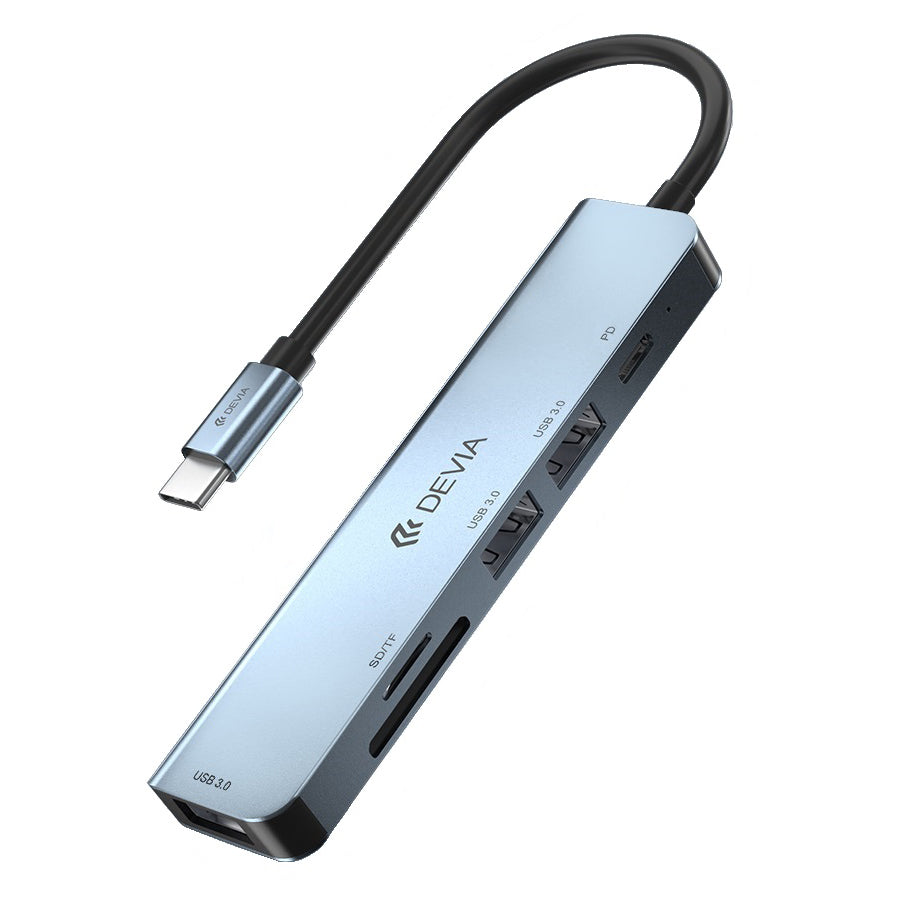 Hub USB-C DEVIA EC135, 3 x USB-A 3.0 - 1 x USB-C - 1 x SD - 1 x microSD, Gri