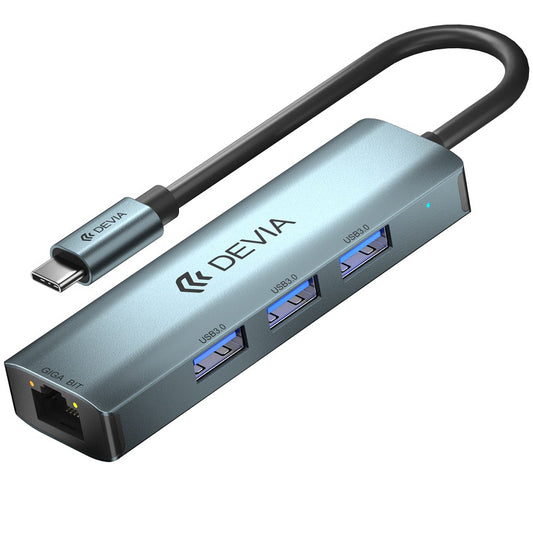 Hub USB-C DEVIA EC621, 3 x USB-A 3.0 - 1 x RJ45, Gri