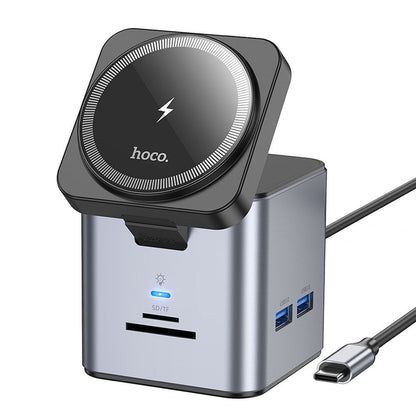 Hub USB-C HOCO HB49, 3 x USB-A 3.0 - 1 x USB-C - 1 x HDMI - 1 x RJ45 - 1 x QI - 1 x SD - 1 x microSD, szary 