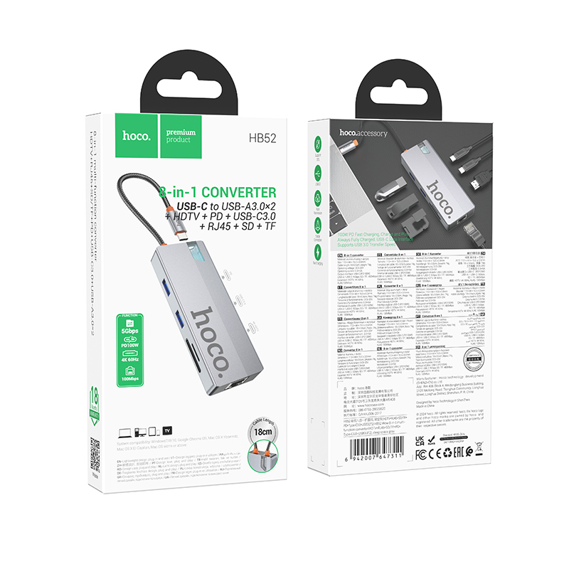 Hub USB-C HOCO HB52, 2 x USB-A 3.0 - 2 x USB-C - 1 x HDMI - 1 x RJ45 - 1 x SD - 1 x microSD, Gri