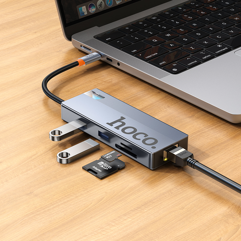 Hub USB-C HOCO HB52, 2 x USB-A 3.0 - 2 x USB-C - 1 x HDMI - 1 x RJ45 - 1 x SD - 1 x microSD, Gri