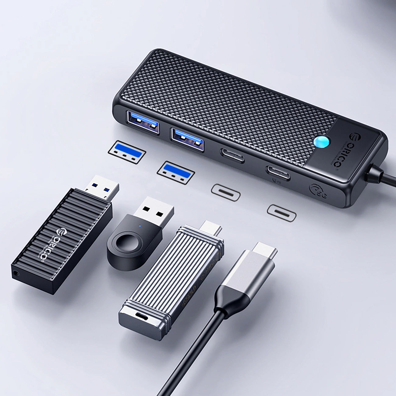 Hub USB-C Orico PAPW2AC-C3, 2 x USB-A 3.0 - 2 x USB-C, Negru