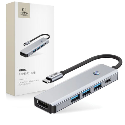 Hub USB-C Tech-Protect HB01, 1 x USB-A 3.0 - 2 x USB-A - 1 x USB-C - 1 x HDMI, Gri