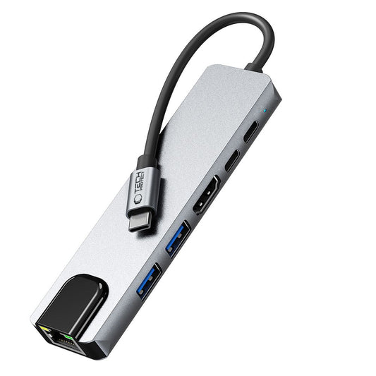 Hub USB-C Tech-Protect HB02, 1 x USB-A 3.0 - 1 x USB-A - 2 x USB-C - 1 x HDMI - 1 x RJ45, Gri