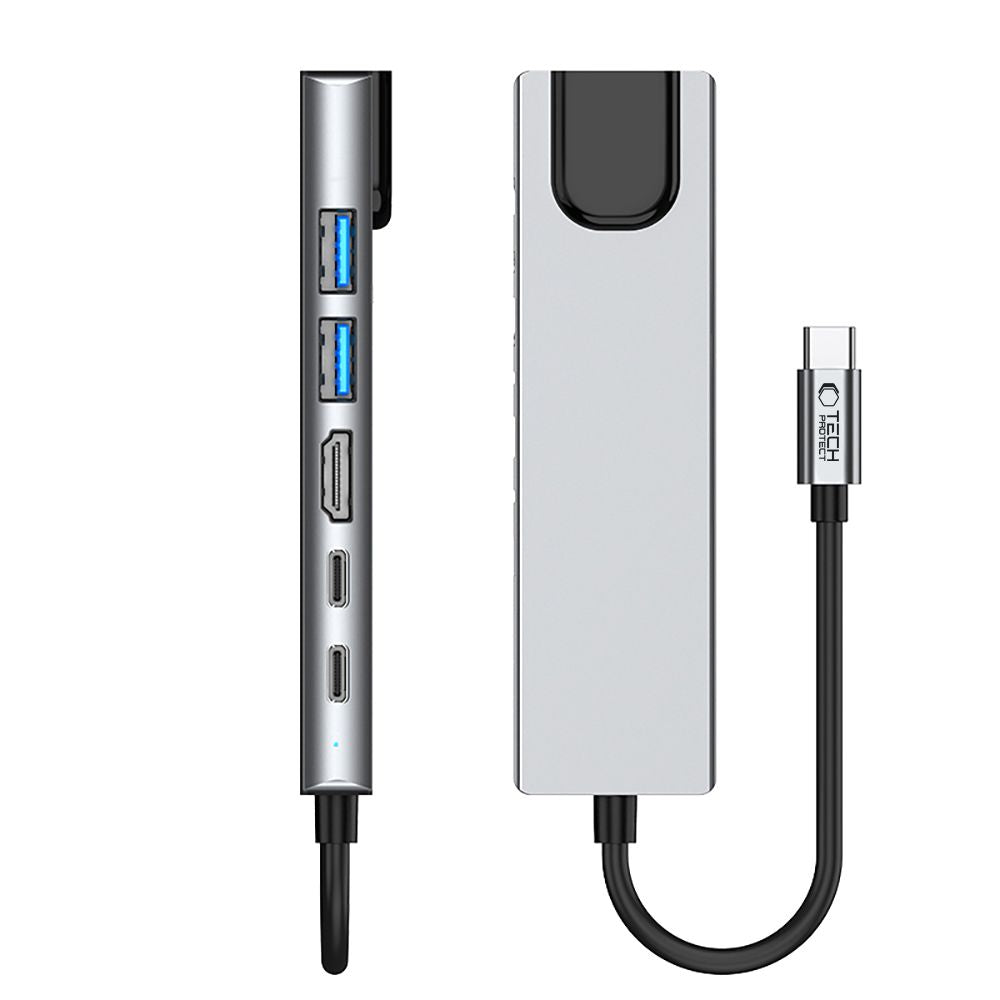 Hub USB-C Tech-Protect HB02, 1 x USB-A 3.0 - 1 x USB-A - 2 x USB-C - 1 x HDMI - 1 x RJ45, Gri