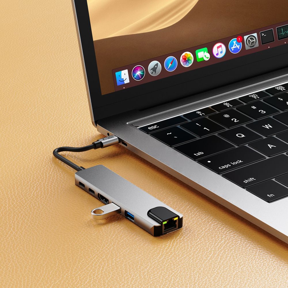 Hub USB-C Tech-Protect HB02, 1 x USB-A 3.0 - 1 x USB-A - 2 x USB-C - 1 x HDMI - 1 x RJ45, Gri