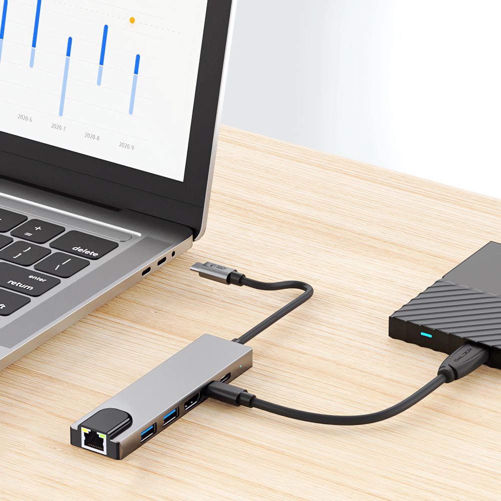 Hub USB-C Tech-Protect HB02, 1 x USB-A 3.0 - 1 x USB-A - 2 x USB-C - 1 x HDMI - 1 x RJ45, Gri