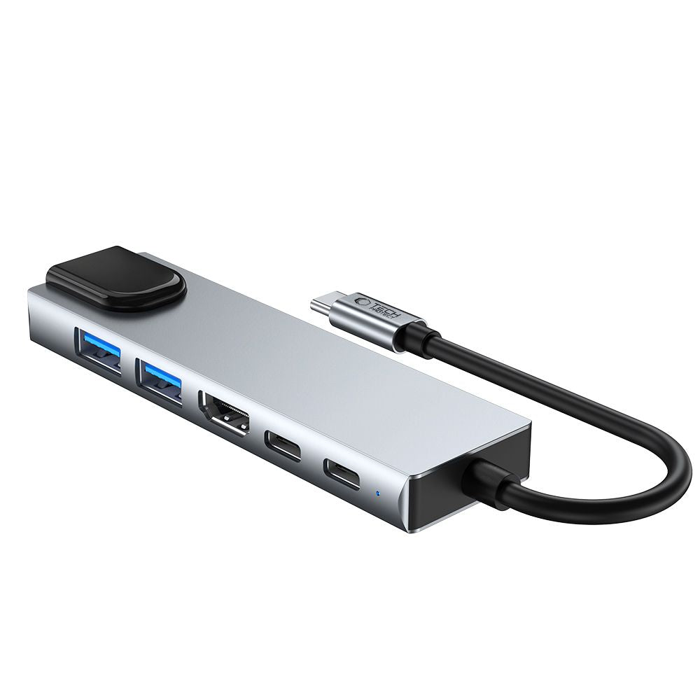 Hub USB-C Tech-Protect HB02, 1 x USB-A 3.0 - 1 x USB-A - 2 x USB-C - 1 x HDMI - 1 x RJ45, Gri