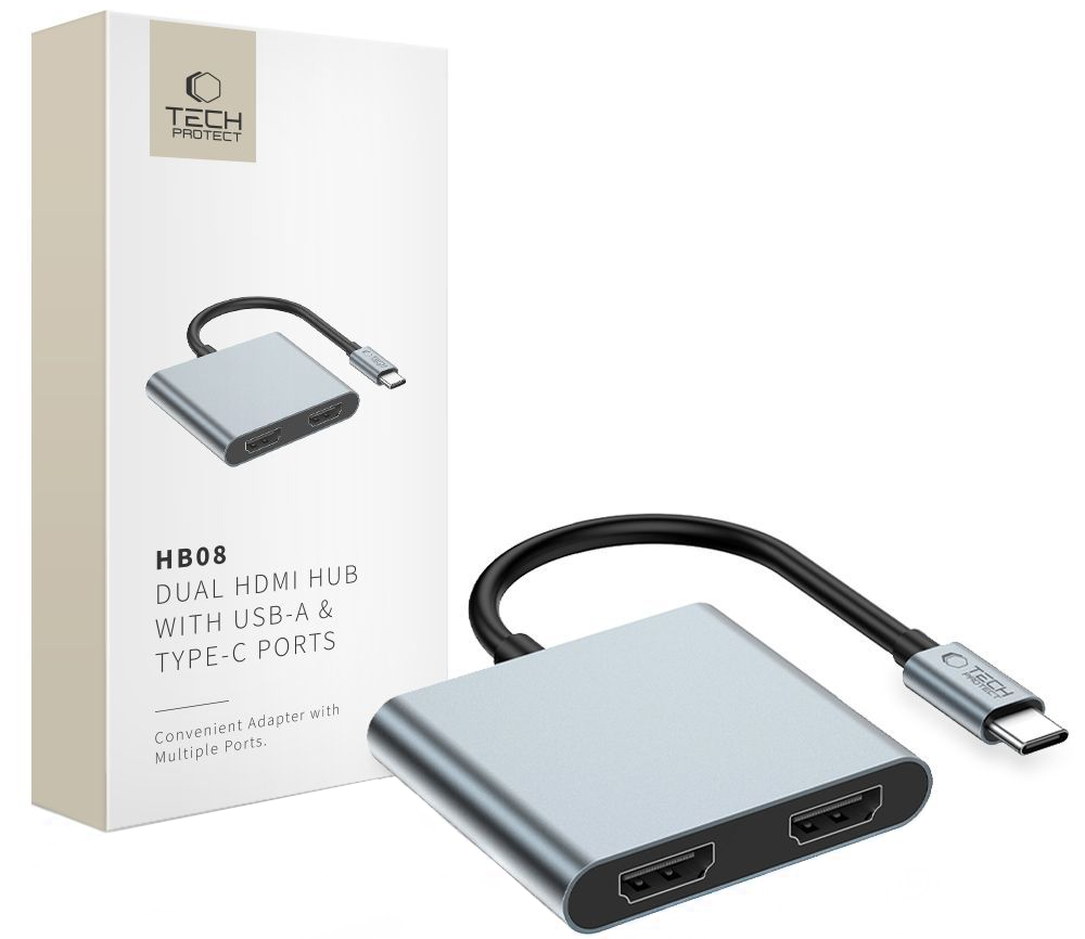 Hub USB-C Tech-Protect HB08, 1 x USB-A - 1 x USB-C - 2 x HDMI, Gri