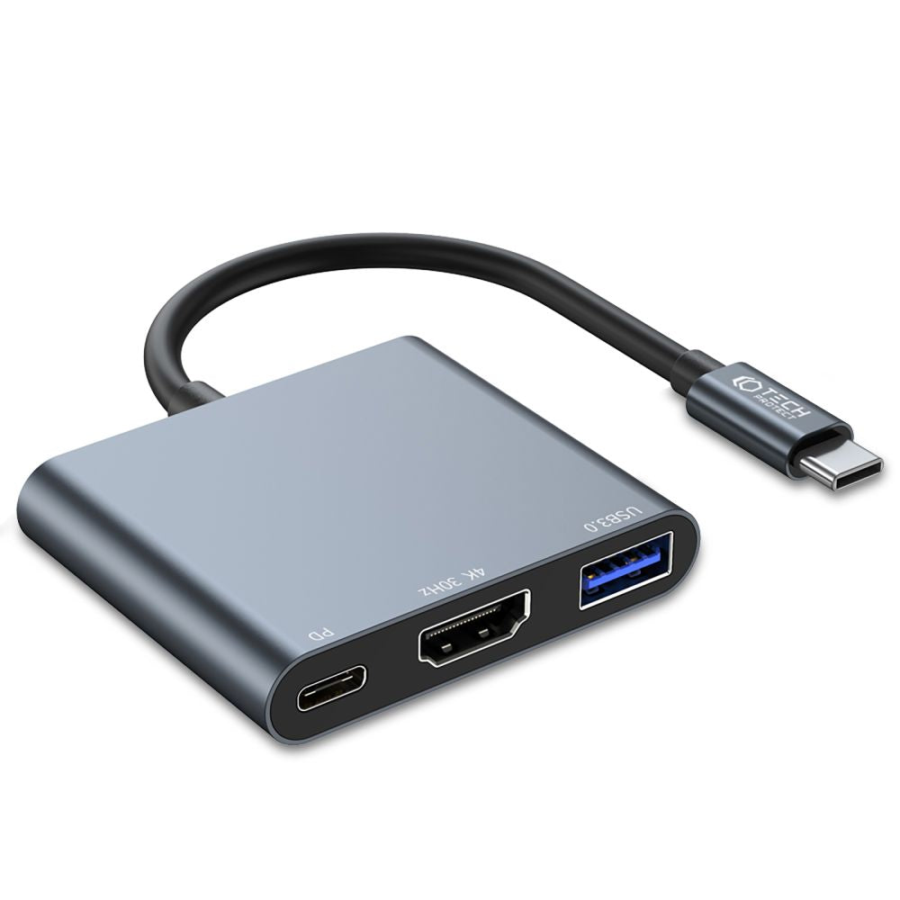 Hub USB-C Tech-Protect V1, USB-A 3.0 - 1 x USB-C - 1 x HDMI, Gri