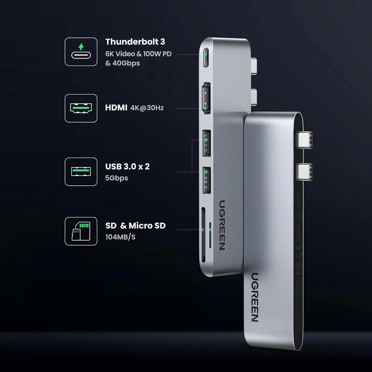 Hub USB-C UGREEN CM380 (80856)  pentru Apple MacBook Pro / Air Series, 2 x USB-A 3.0 - 1 x USB-C - 1 x HDMI - 1 x SD - 1 x microSD