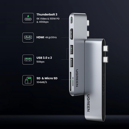 Hub USB-C UGREEN CM380 (80856)  pentru Apple MacBook Pro / Air Series, 2 x USB-A 3.0 - 1 x USB-C - 1 x HDMI - 1 x SD - 1 x microSD