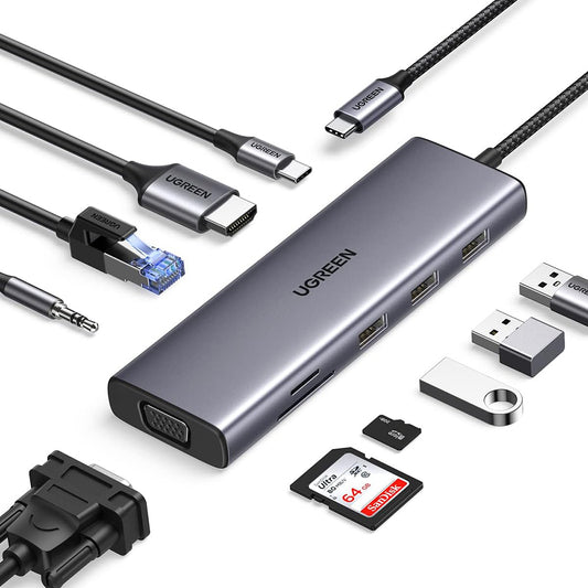 Hub USB-C UGREEN CM498 (15601), 3 x USB-A 3.0 - 1 x USB-C - 1 x HDMI - 1 x VGA - 1 x Jack 3.5mm - 1 x RJ45 - 1 x SD - 1 x microSD, Gri