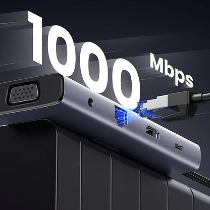 Hub USB-C UGREEN CM498 (15601), 3 x USB-A 3.0 - 1 x USB-C - 1 x HDMI - 1 x VGA - 1 x Jack 3.5mm - 1 x RJ45 - 1 x SD - 1 x microSD, Gri