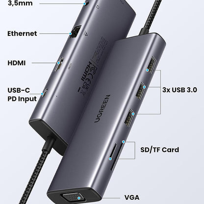 Hub USB-C UGREEN CM498 (15601), 3 x USB-A 3.0 - 1 x USB-C - 1 x HDMI - 1 x VGA - 1 x Jack 3.5mm - 1 x RJ45 - 1 x SD - 1 x microSD, Gri