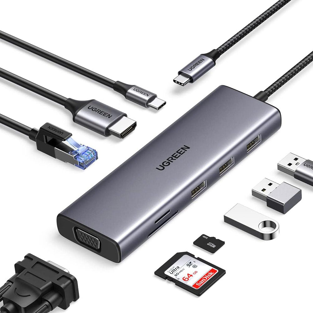 Hub USB-C UGREEN CM498 (15600), 3 x USB-A 3.0 - 1 x USB-C - 1 x HDMI - 1 x VGA - 1 x RJ45 - 1 x SD - 1 x microSD, Gri