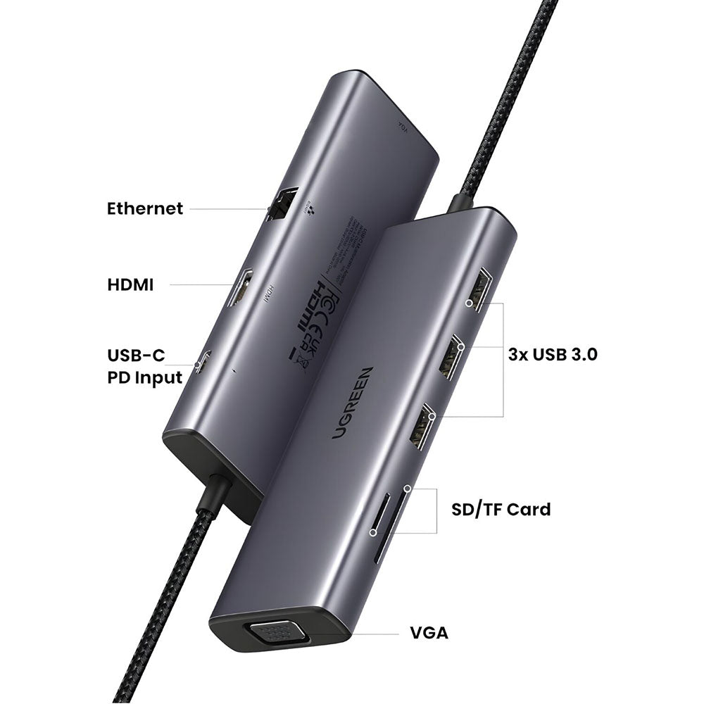 Hub USB-C UGREEN CM498 (15600), 3 x USB-A 3.0 - 1 x USB-C - 1 x HDMI - 1 x VGA - 1 x RJ45 - 1 x SD - 1 x microSD, Gri