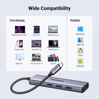 Hub USB-C UGREEN CM511, 3 x USB-A 3.0 - 1 x USB-C - 1 x HDMI, Gri