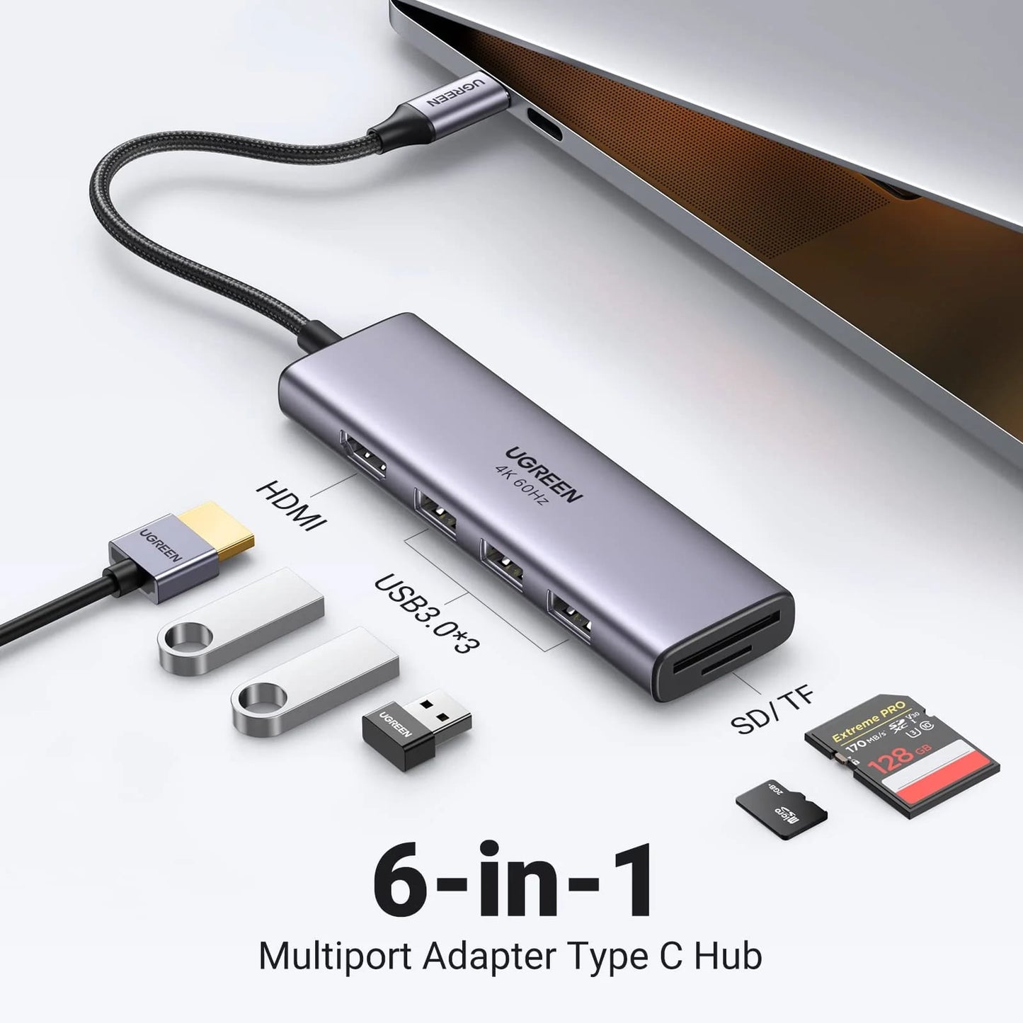 Hub USB-C UGREEN CM511 (60383), 3 x USB-A 3.2 - 1 x HDMI - 1 x SD - 1 x microSD, Gri