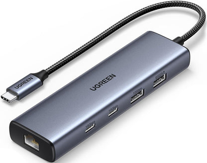 Hub USB-C UGREEN CM512, 1 x USB-A 3.2 - 1 x USB-A - 3 x USB-C - 1 x RJ45, Gri