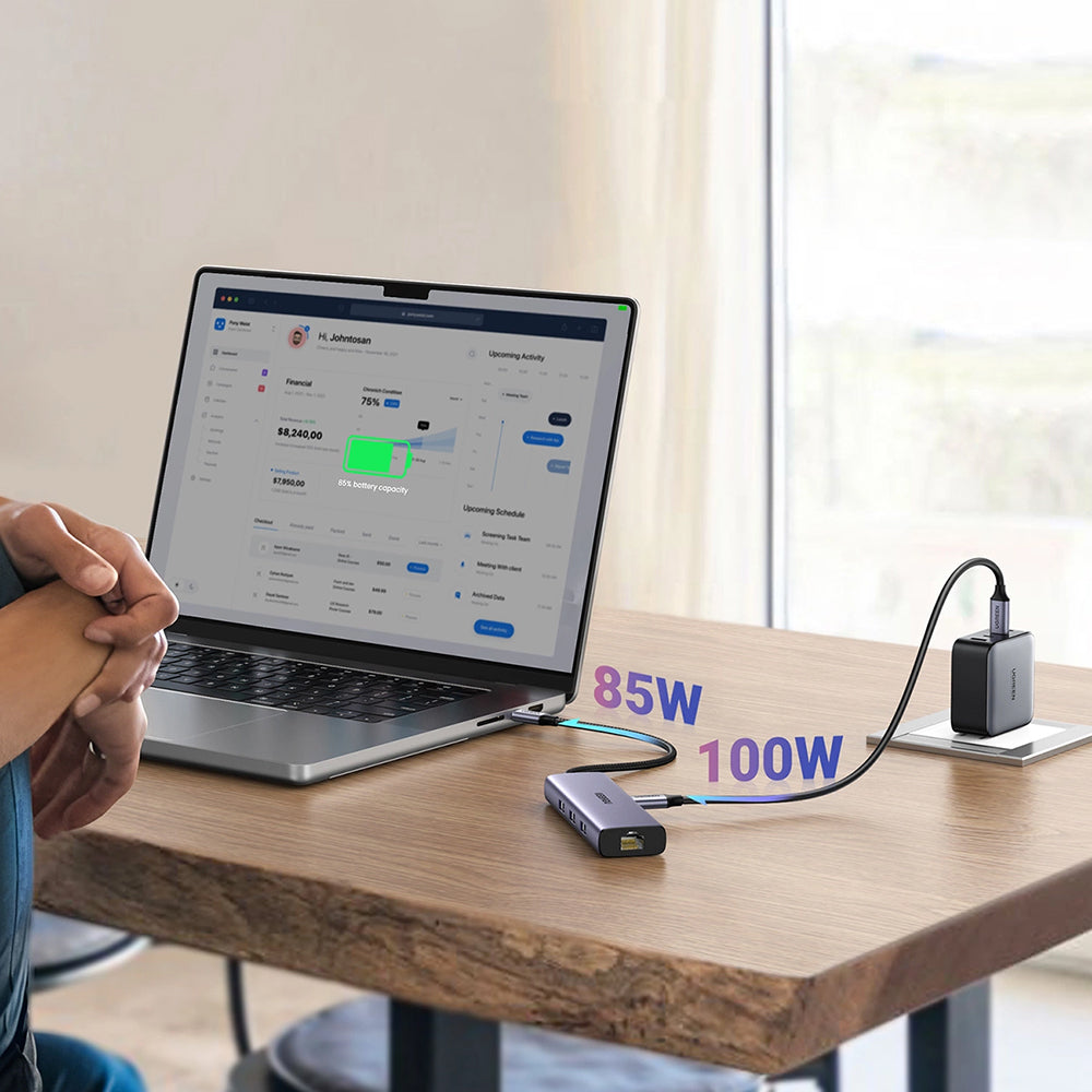 Hub USB-C UGREEN CM512 (15598), 3 x USB-A 3.0 - 1 x USB-C - 1 x HDMI - 1 x RJ45, Gri