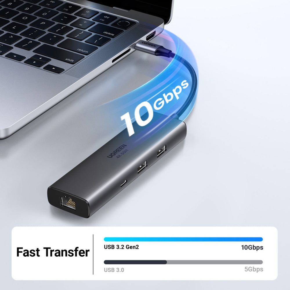 Hub USB-C UGREEN CM512 (45000), 2 x USB-A 3.2 - 2 x USB-C - 1 X HDMI - 1 x RJ45, Gri