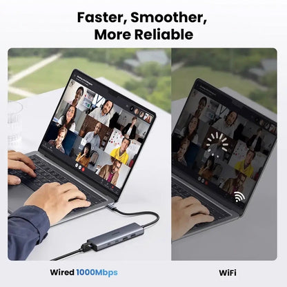 Hub USB-C UGREEN CM512, 1 x USB-A 3.2 - 1 x USB-A - 3 x USB-C - 1 x RJ45, Gri